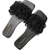 OYOANGLE Women's 3D Floral Flat Sandals Square Open Toe PU Leather Slip on Slides