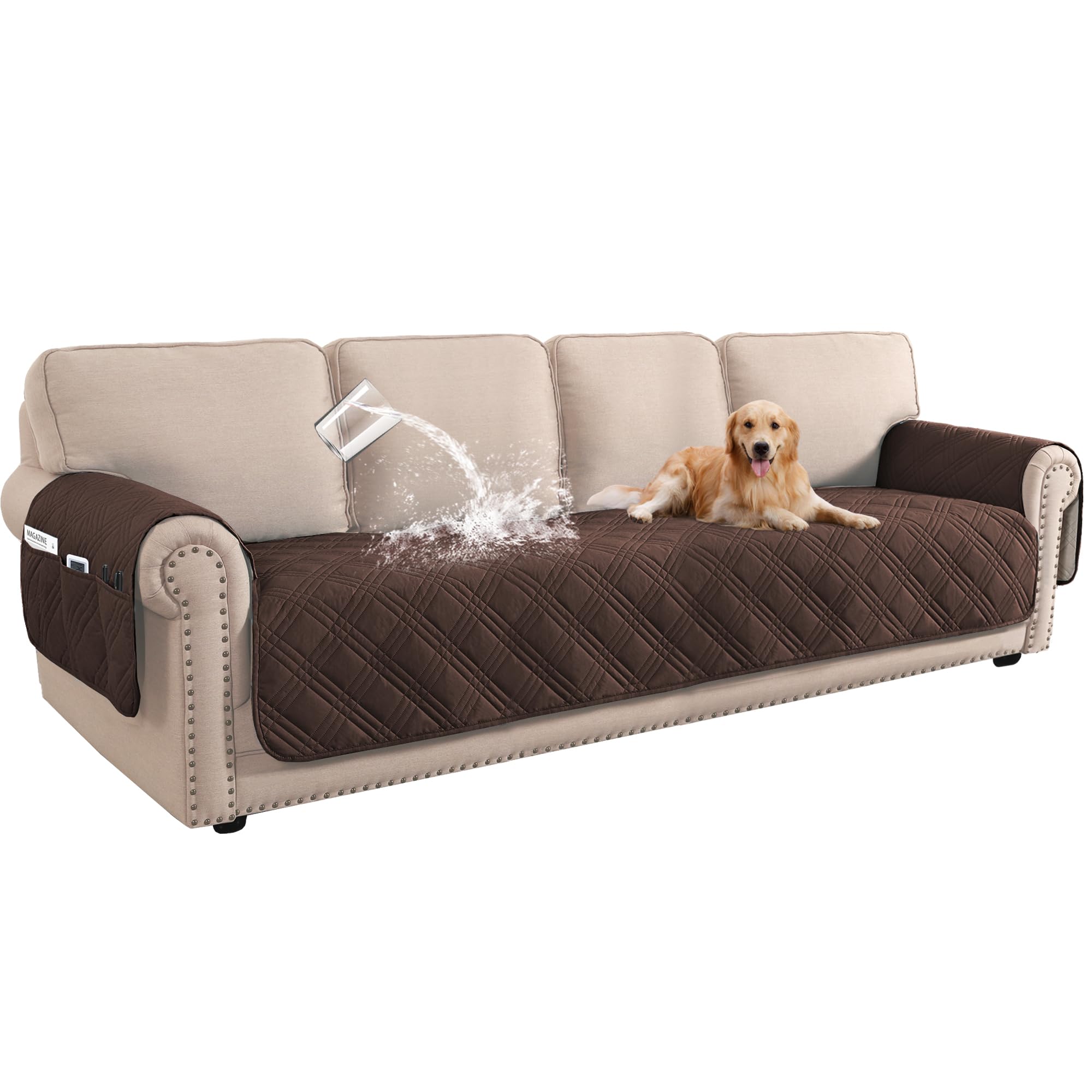 BellaHills 100% Waterproof 4 Seater Sofa Cover Slipcovers Couch Cover for Living Room Washable Seat Covers with Side Pocket Pet Couch Protector (Brown)