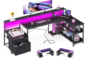 ODK L Shaped Desk with File Drawer, 75" Reversible L Shaped Computer Desk with Power Outlet & LED Strip, Office Desk with Sto