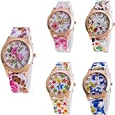 CdyBox Women Ladies Floral Dial Silicone Band Analog Watches Rose Gold Tone Numbers (5 Pack)