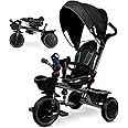KRIDDO 7-in-1 Tricycle Stroller for Toddlers 18 Months to 5 Years, Adjustable Push Handle, Rotatable Seat, Cup Holder and Retractable Canopy, Folding Baby Trike w/Detachable Guardrail, Footrest, GY
