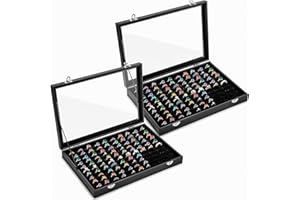 Elsjoy 2 Pack 100 Slots Ring Organizer Box with Transparent Glass Lid, Large Ring Display Case Black Velvet Ring Holder Tray,