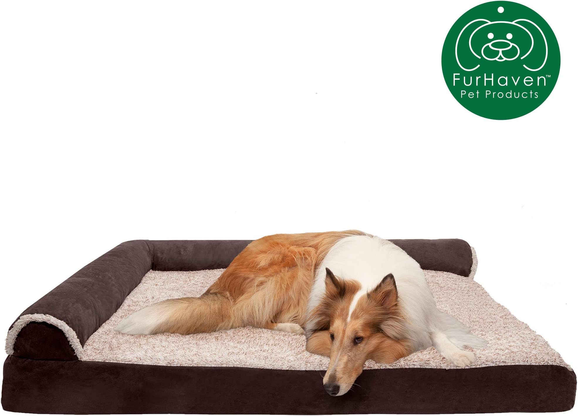Furhaven Two-Tone Faux Fur & Suede L Shaped Chaise Cooling Gel Foam Dog Bed - Espresso, Jumbo Plus (XX-Large)