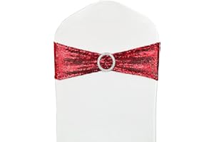 LIZIMI 10 Pcs Chair Sashes Sequin Stretch Chair Bands Spandex Polyester Bows for Party Hotel Wedding Banquets Decoration - Red
