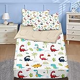 Nesker Zipper Bedding Full Cute Cartoon Dinosaur Zip Up Bedding Set for Boys and Kids, Colorful Dino 3 Pcs Comforter Bed in a Bag with Fitted Sheet and 2 Pcs Pillowcases