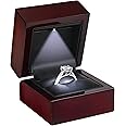 Allure - Luxury Ring Box With LED Light, Authentic Mahogany Wood With Black Leatherette Insert, Square Elegant Diamond Ring Case, For Unique Proposal Or Wedding, Small Jewelry Display Gift Box.