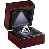Allure - Luxury Ring Box With LED Light, Authentic Mahogany Wood With Black Leatherette Insert, Square Elegant Diamond Ring Case, For Unique Proposal Or Wedding, Small Jewelry Display Gift Box.