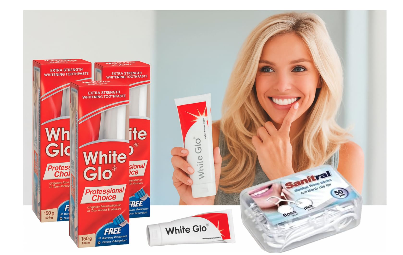 3xWhite Glo Professional Choice Extra Strength Whitening Toothpaste 100 ml & Toothbrush (with Sanitral 50 Pcs Dental Floss Stick Included as a Gift)