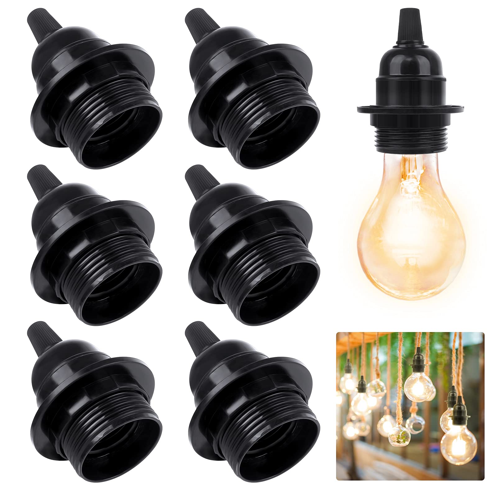 7 PCS E27 Lamp Socket Vintage Light Fitting External Thread DIY Pendant Light Suitable for Edison Bulbs - Black, Rated 4A 250V