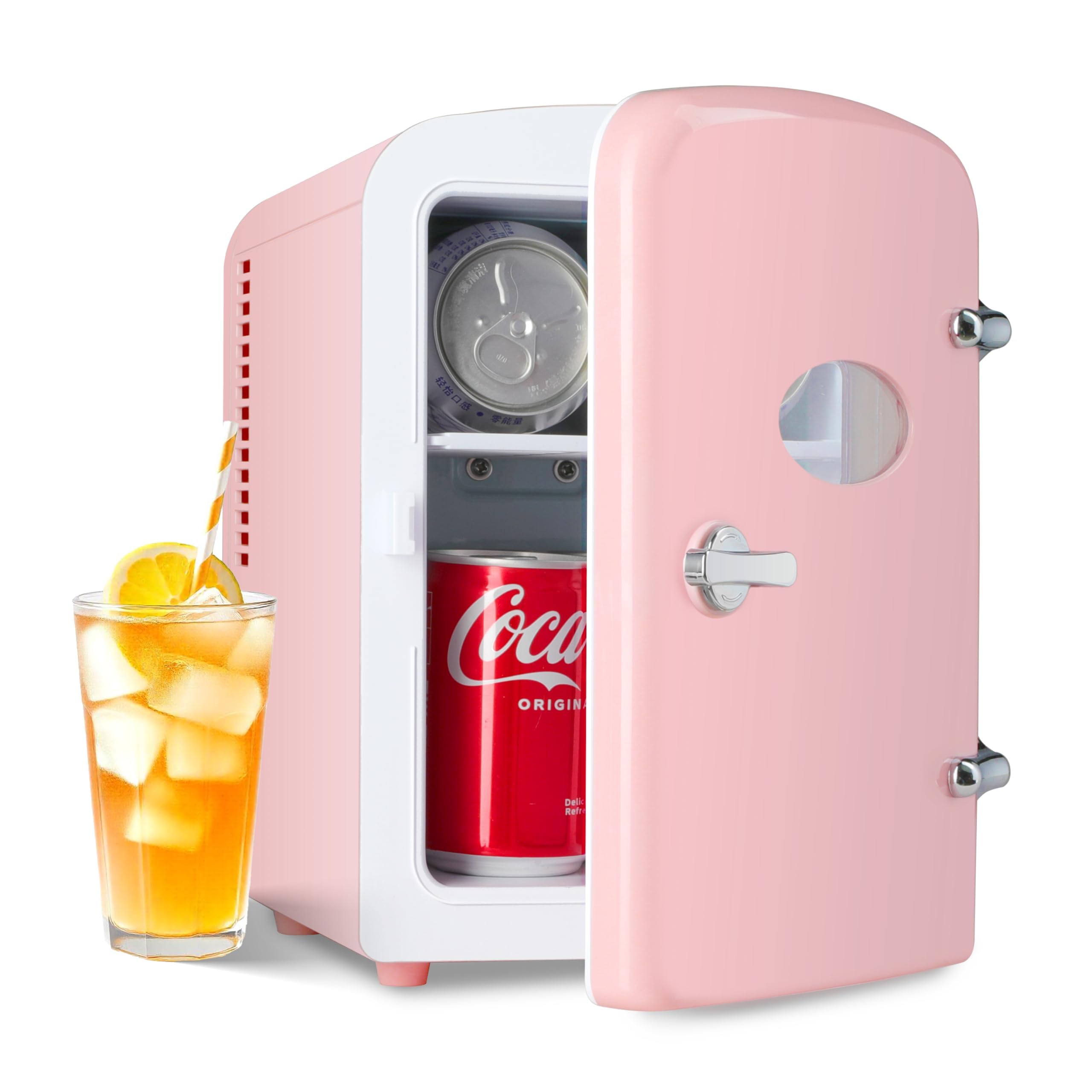 Simple Deluxe 4L/6 Can Portable Mini Fridge with Observation Window, Compact Cooler & Warmer Freon-Free Small Refrigerator, for Skincare, Beverage, Food, Cosmetics, Pink