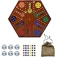 Marble Board Game -Original Board Gameï¼ŒLarge Solid Pine Spray Paintï¼ŒDouble Sided Painted 15inch Fast Track for 4 or 6 Players with 6 Colors 30 Marbles 6 Dice Friends Family Game Party