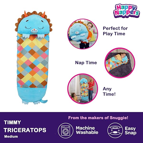 HAPPY NAPPERS PILLOW & SLEEPY SACK- COMFY, COZY, COMPACT, SUPER SOFT, WARM, ALL SEASON, SLEEPING BAG WITH PILLOW- MEDIUM 54” X 20”, TRICERATOPS