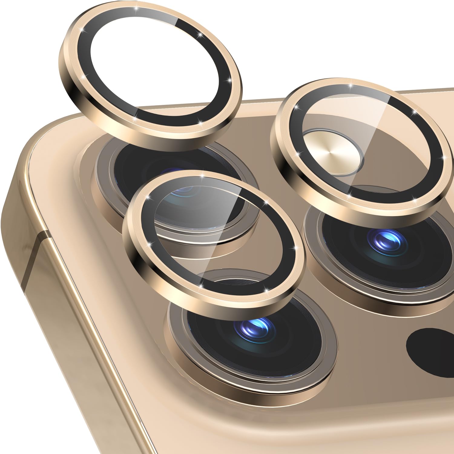 CloudValley Camera Lens Protector Compatible with iPhone 13 Pro and 13 Pro Max, Tempered Glass Film, Aluminum Alloy Lens Protective Cover, Gold