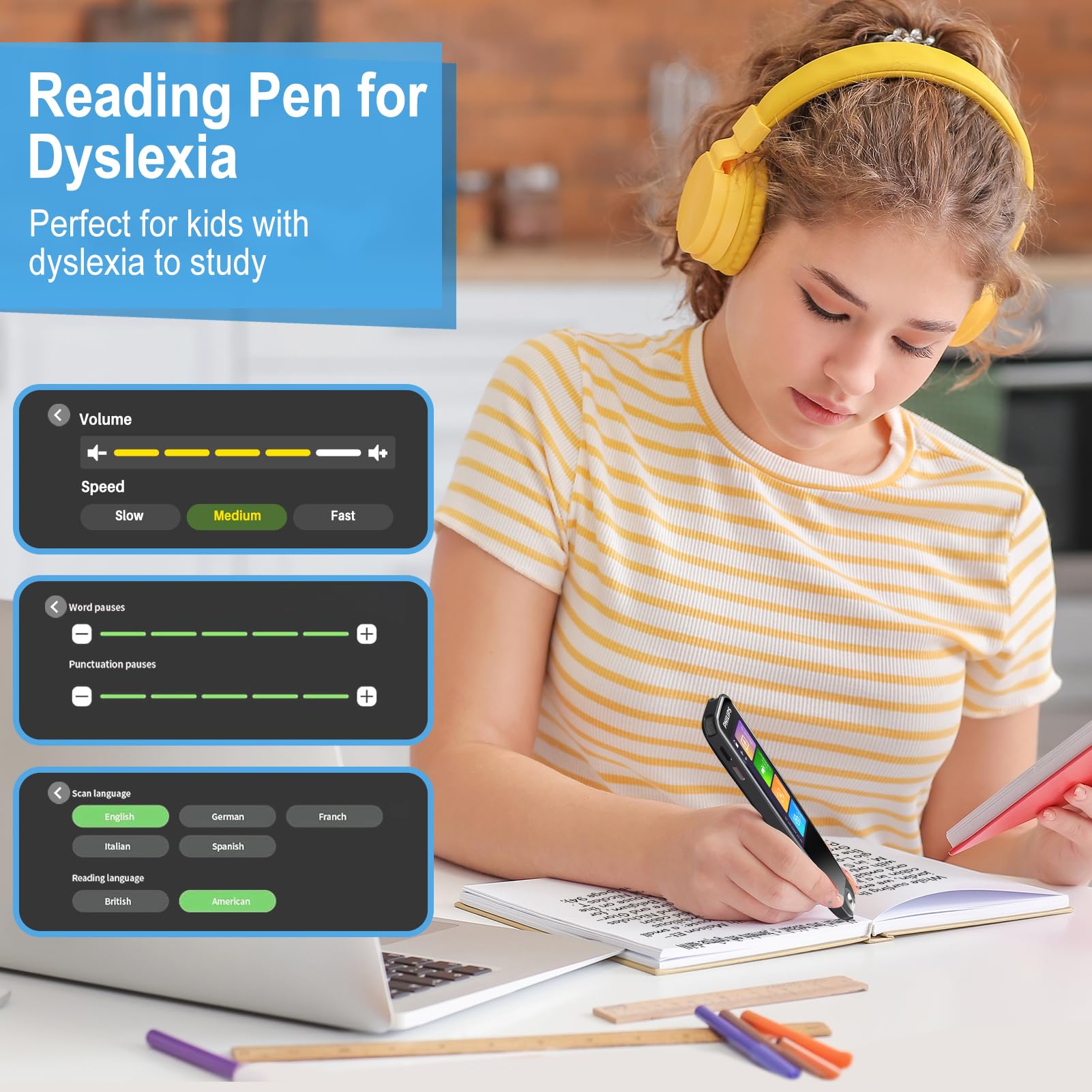 Glipazap Translator Pen, Reading Pen for Dyslexia, Pen Scanner Text to Speech Device, Scan Reader Pen OCR Digital Pen Reader, Wireless Translation Pen Scanner for Business Students Adults, VTR7300