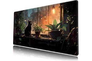 MECHANICAL CATTLE Black Cat Desk Mat Green Plants Desk Pad Anime Large Gaming Mouse Pad XXL Mousepad Extended Long Laptop Desktop Keyboard Mouse Mat Big Cute Office Decor for Women 31.5''X15.7''