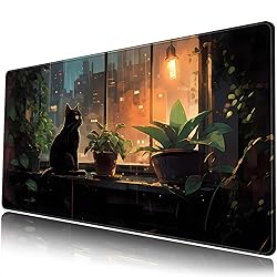 Black Cat Desk Mat Green Plants Desk Pad Anime