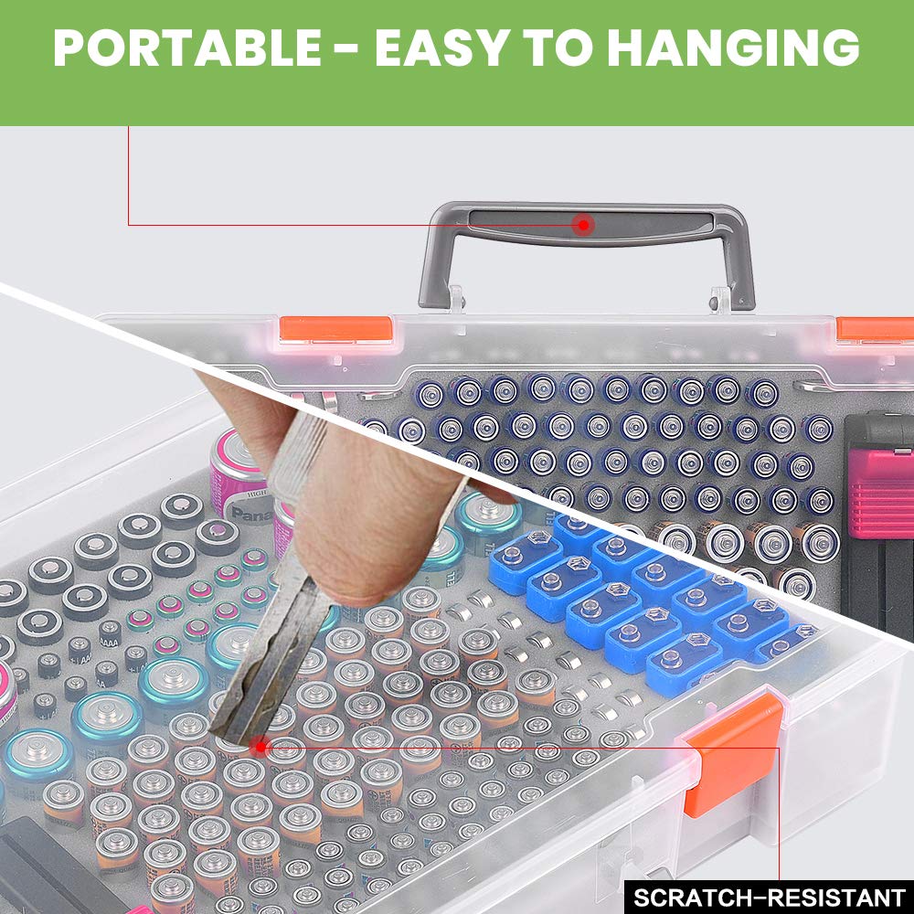 Battery Organizer Holder- Batteries Storage Containers Box Case with Tester Checker BT-168. Garage Organization Holds 225 Batteries AA AAA C D Cell 9V 3V Lithium LR44 CR2 CR1632 CR2032