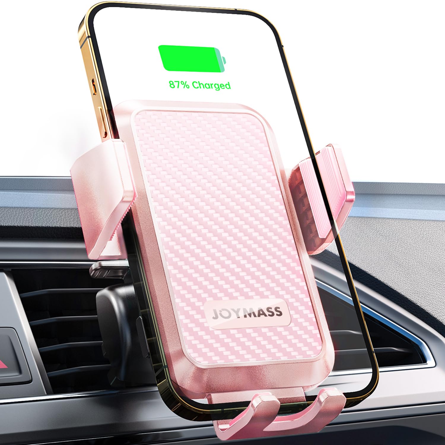 Photo 1 of Wireless Car Charger, JOYMASS 15W Fast Charging Auto Clamping Car Charger Cell Phone Holder Mount Vent for iPhone 15 14 13 12 Mini Pro Max, Samsung Galaxy S24 Ultra S23 S22 S21+ Note 20, etc - Pink