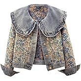 Xaspee Womens Peter Pan Collar Cropped Jean Jacket Embroidered Jacquard Long Sleeve Casual Floral Denim Jackets Coat