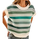 FireSwan Womens Cap Sleeve Sweater Vest Striped Color Block Loose Tank Tops Trendy Vacation Outfits Cute Summer Spring Top