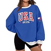 ASTANFY USA Letter Sweatshirt Womens Casual Long Sleeve Graphic Shirts American Team Flag CrewNeck Pullover Tops