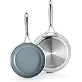GreenPan Valencia Pro Tri-Ply Stainless Steel 8” and 10” Frying Pan Skillet Set, Healthy Ceramic Nonstick PFAS-Free PFOA-Free Coating, Multi Clad Cookware, Induction, Dishwasher Oven and Broiler Safe