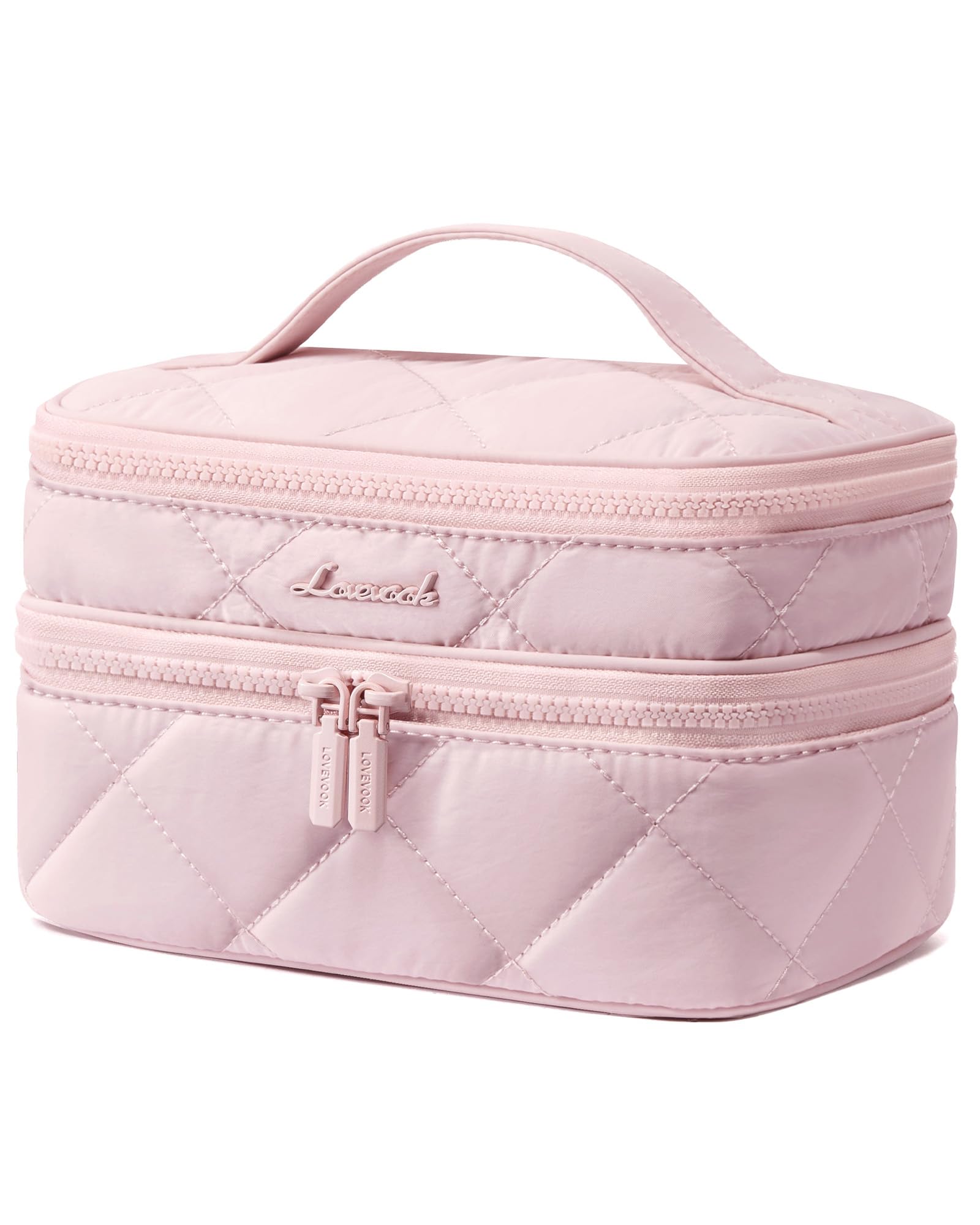 Photo 1 of LOVEVOOK Travel Makeup Bag,Large Open Flat Tolietry Bag for Women,Waterproof Portable Cosmetic Pouch,Double Layer Quilted Makeup Bag Organizer With Handle,Travel Essentials,Gift for Her