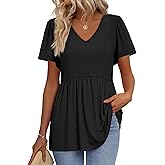 OFEEFAN Womens Summer Tops Babydoll Short Sleeve Shirts Puff Sleeve Peplum Tops V Neck T Shirts
