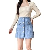 ADWAXDA Women Plaid Pencil Mini Skirt Fall Winter Cute Tweed Bodycon Wrap Short Skirts