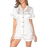Vlazom Womens Silk Pajamas, Short Sleeve Satin 2 Piece Pj Sets Button-Down Sleepwear Loungewear Pjs Shorts Set S-XXL