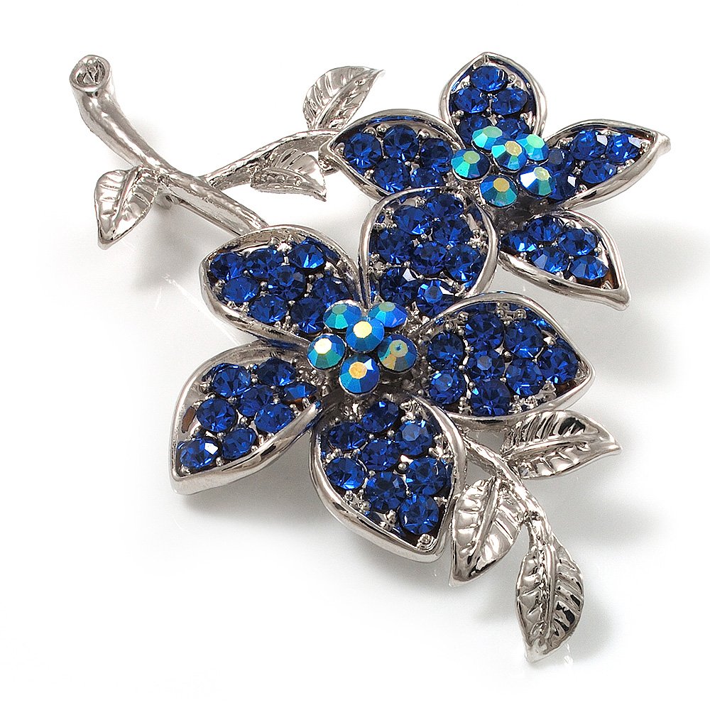 Navy Blue Diamante Flower Brooch (Silver Tone)