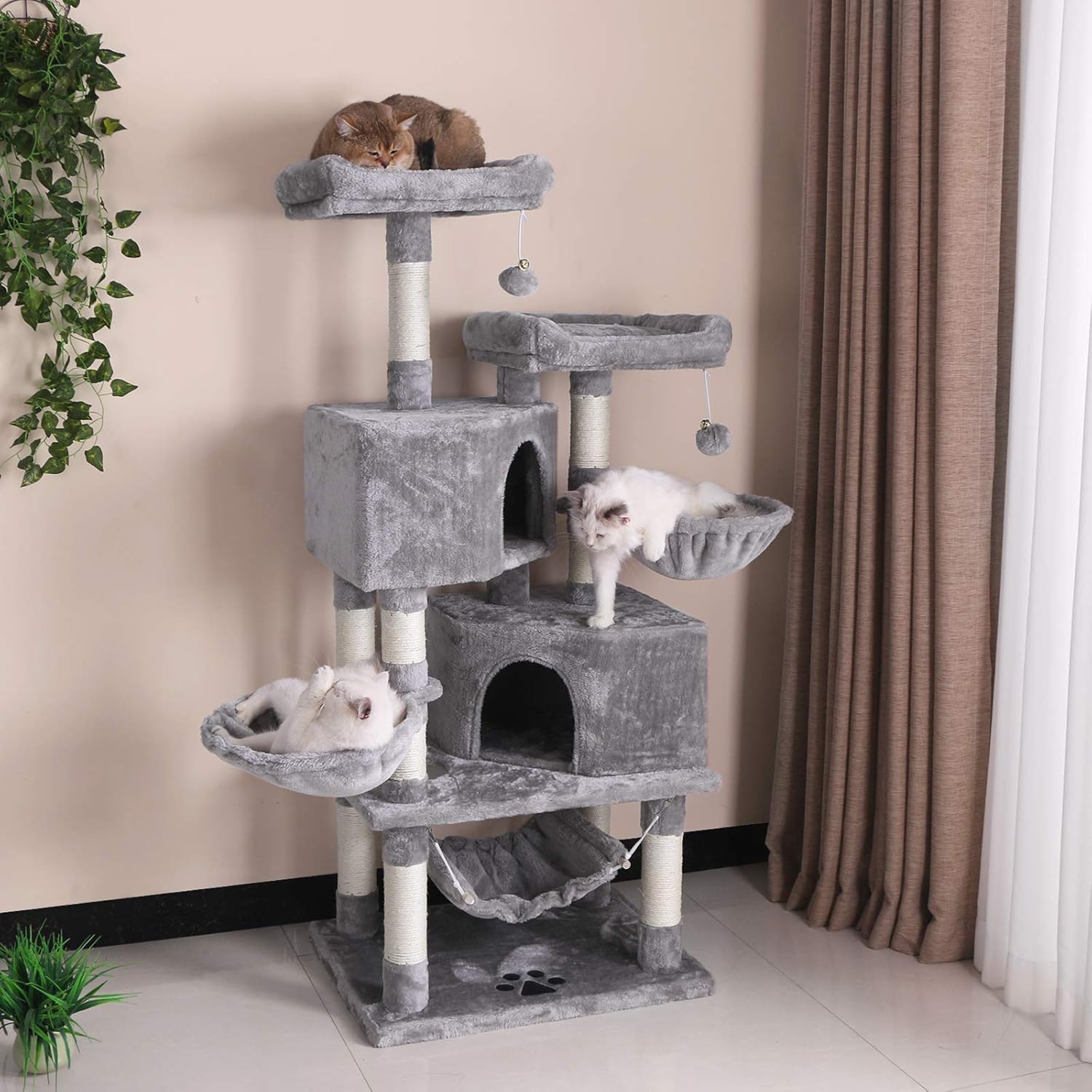 BEWISHOME Multi-Level Cat Tree Condo with Sisal Scratching Posts, Perches, Houses, Hammock and Baskets, Cat Tower Furniture Kitty Activity Center Kitten Play House Light Grey MMJ05G : Pet Supplies
