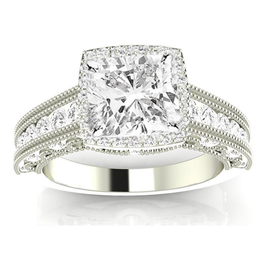 1.49 Carat t.w. Cushion Modified Vintage Halo Style Channel Set Round Brilliant Diamond Engagement R