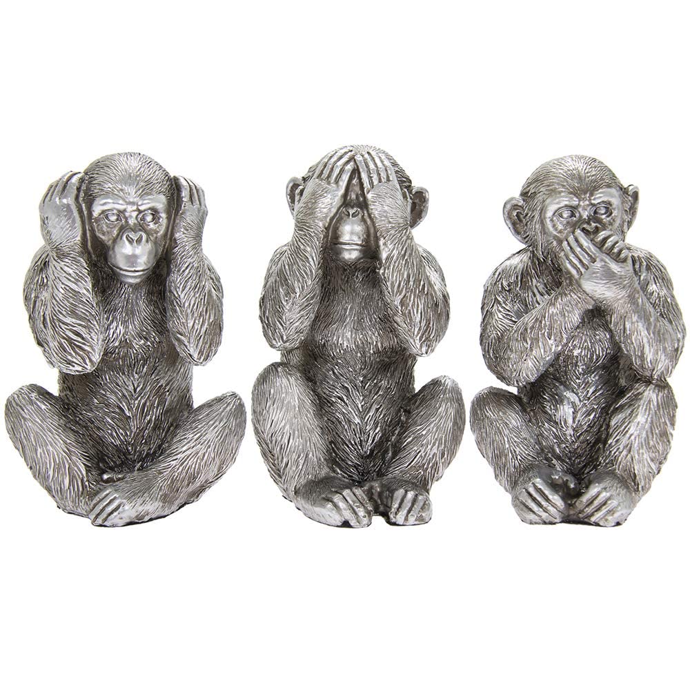 Thorne Antiques & Collectables Set of Three Wise Monkeys Ornaments in Antique Silver Finish - See, Hear and Speak No Evil
