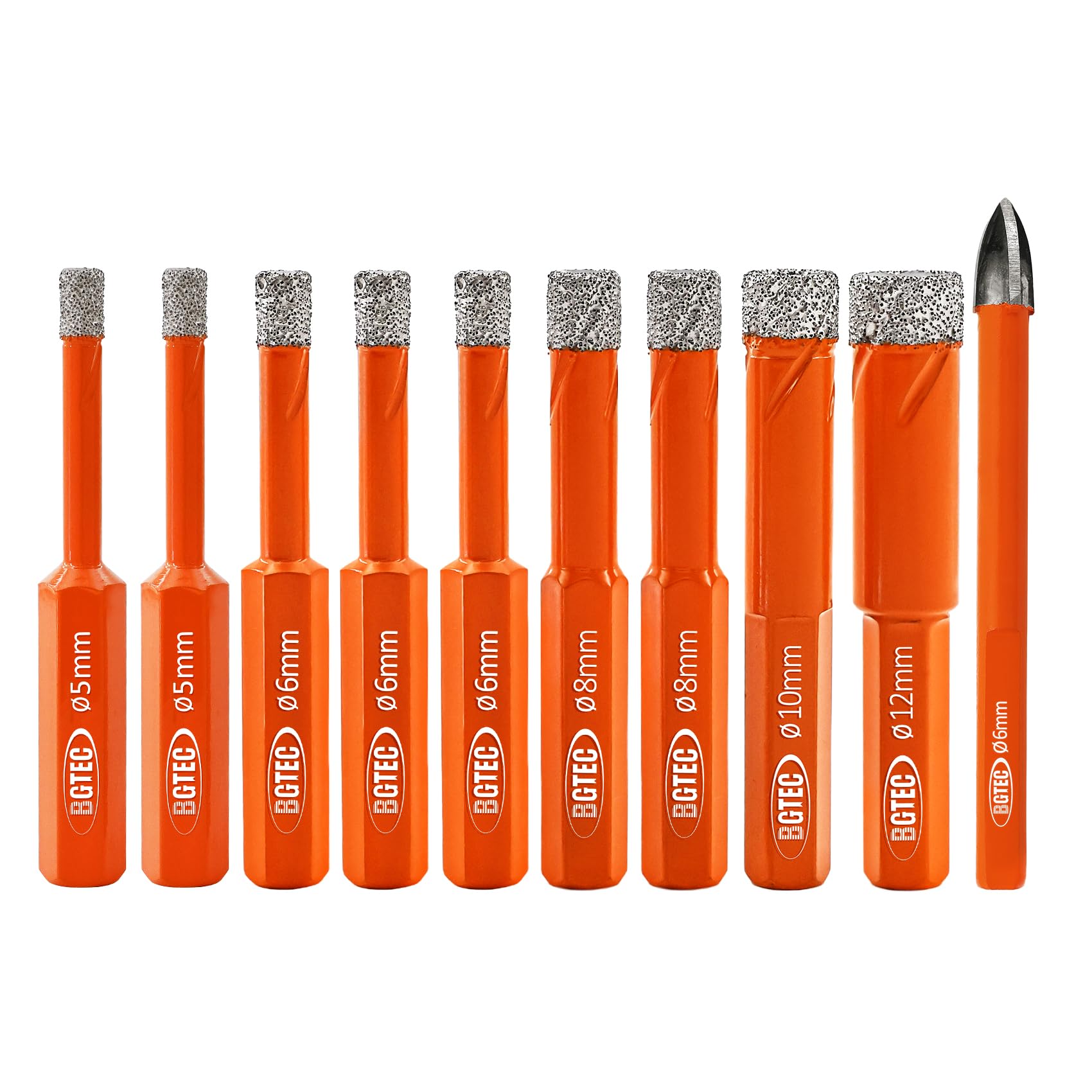 BGTEC Dry Diamond Core Drill Bits Set Hole Saw,10pcs 5 * 2/6 * 3/8 * 2/10/12MM Hex Shank Drill Bits+6mm Triangle Shank Carbide Drill for Granite Marble Porcelain Tile Ceramic