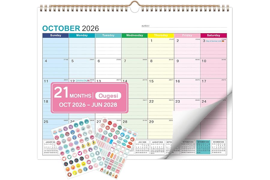 Wall Calendar 2027-2028, 21 Months Oct 2026-Jun 2028, Hanging Calendar | 14x11inch Colorful Monthly Design, 120 GSM Thick Paper, Spacious Writing Blocks, Hanging Hook with bonus Stickers