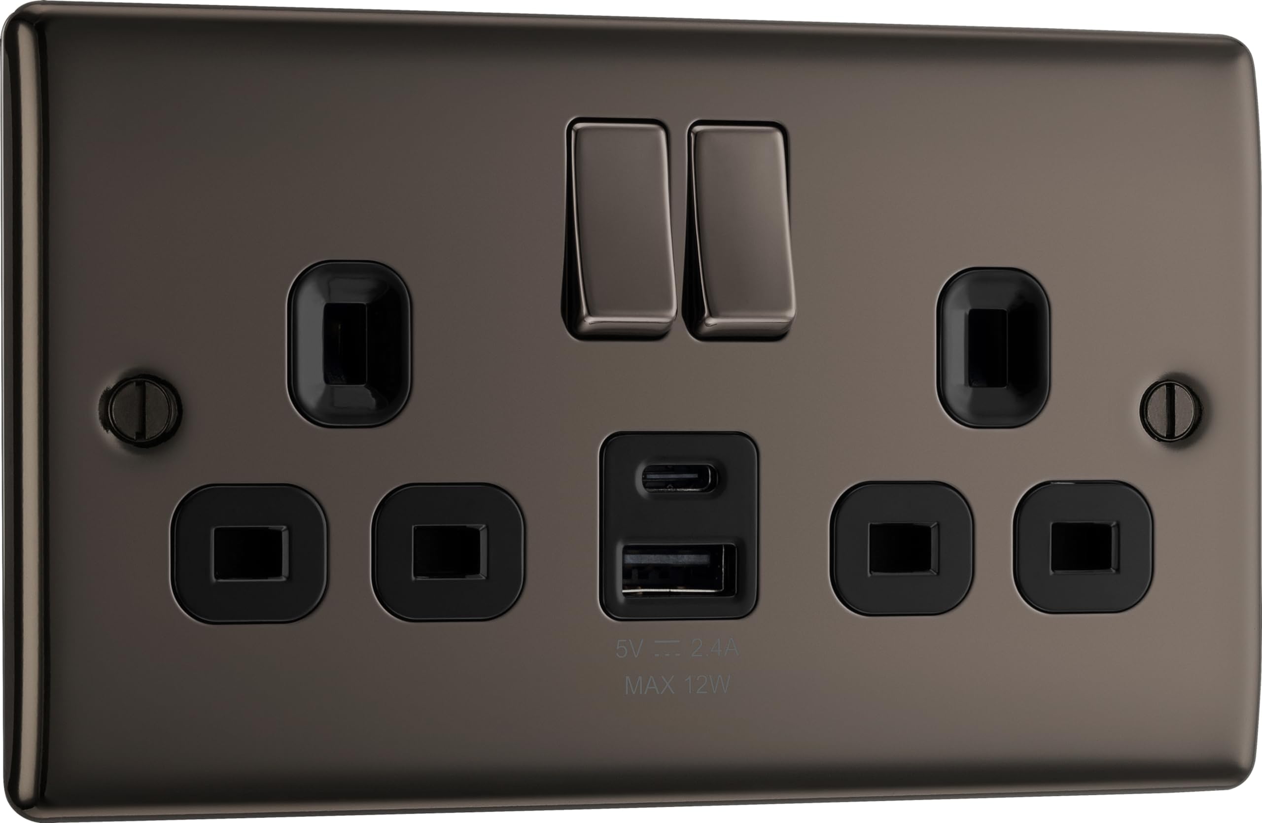 BG Electrical 12W Double Switched Power Wall Plug Socket with USB A and USB C Charging Ports, Nexus Metal, Black Nickel, 13A, NBN22UAC12B
