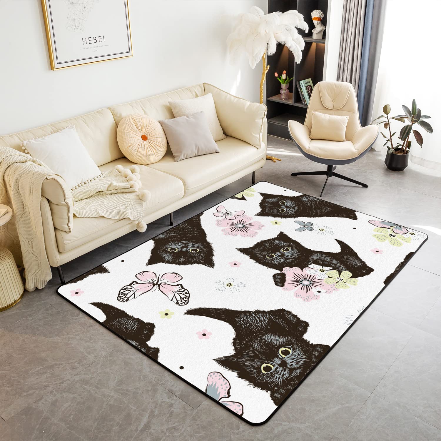 Homemissing Kawaii Cat Area Rug Girls Butterflies Cats Print Decorative Carpet Set Cute Kitten Flowers Rugs for Living Room Black Animal Floral Cat Lover's Gift Indoor Floor Mat Bedroom 100 * 150cm