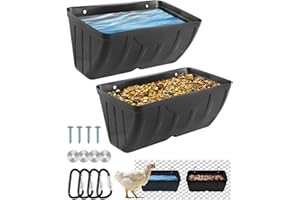 HAMYHO Chicken Feeder, 2 Pack, Poultry Feeders and Waterers, Hanging Goat Feeder, Livestock Fence Feeder, Feed Trough and Waterer Bucket with Clips, Black
