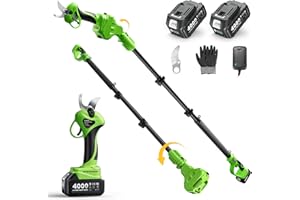 TaskStar Cordless Electric Pruning Shears: 2-in-1 9ft Pole Pruner 1.2" Cutting Diameter - 2 Pcs 4.0Ah Batteries, Extra SK5 Blade, 3 Cutting Modes 20V Brushless Power Tree Pruner for Branch & Gardening