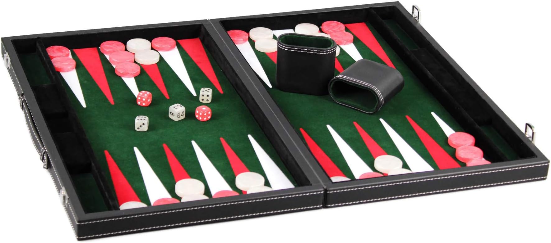 Chessgammon BACKGAMMON SET LEATHER BLACK AND INLAID MALACHITE GREEN,FOLDABLE TRADITIONAL ADULTS KIDS FAMILY TRAVEL BACKGAMMON GAME SET BRIEFCASE GAME SET DOUBLING DICES, 15"