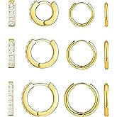 5A Cubic Zirconia Hypoallergenic Earrings Set: 6 Pairs 18K Gold Plated Surgical Steel Cute Small Huggie Hoops, Dainty Cartilage Earrings for Sensitive Ear Women Trendy Jewelry Gift