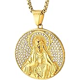 COOLSTEELANDBEYOND Gold Jesus Pendant Necklace for Men, Steel Sacred Heart Round Medallion Rhinestones, Faith Jewelry