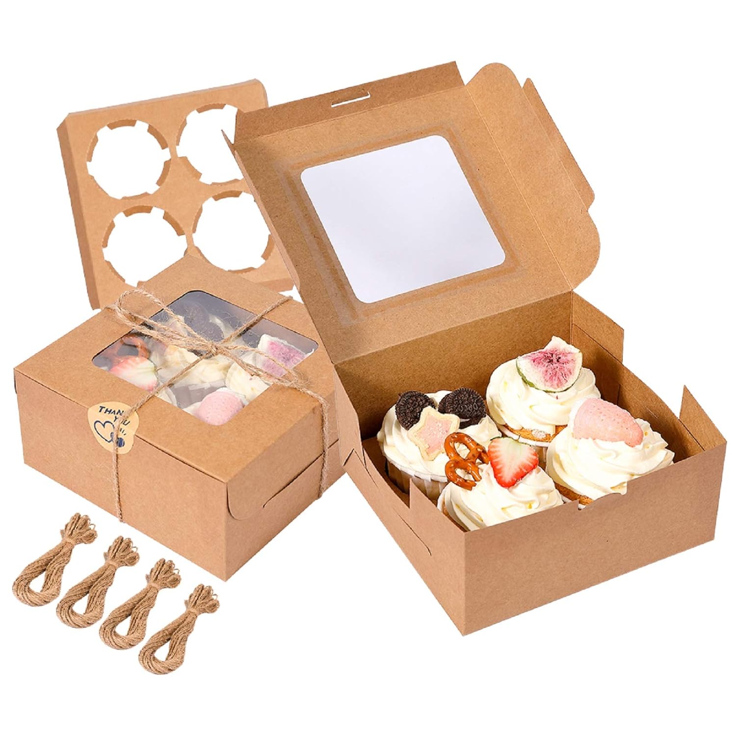 50 Pack Brown Bakery Cake Boxes with Display Window, 6x6x3 Inches Pastry Boxes with Removable Inserts Blessing Stickers, Mini Cookie Cake Boxes for Cupcake, Cookie, Dessert, Pastry