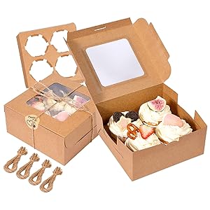 50 Pack Brown Bakery Cake Boxes with Display Window, 6x6x3 Inches Pastry Boxes with Removable Inserts Blessing Stickers, Mini Cookie Cake Boxes for Cupcake, Cookie, Dessert, Pastry