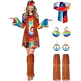 SATINIOR 70s 60s Hippie Costume Set 70s Outfits Accessories Halloween Women Disco Dress for Carnival Party