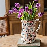 Vintage Colorful Flower Ceramic Vase with Handle, Retro Ice Glazed Crack Farmhouse Pitcher Vase for Home Decor, Living Room, Shelf, Office, Rustic Table Centerpiece 9 Inch
