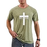 iudam Men's Short Sleeve Crewneck Graphic Tee Believe Cross Print Christian Shirts Workout Shirts