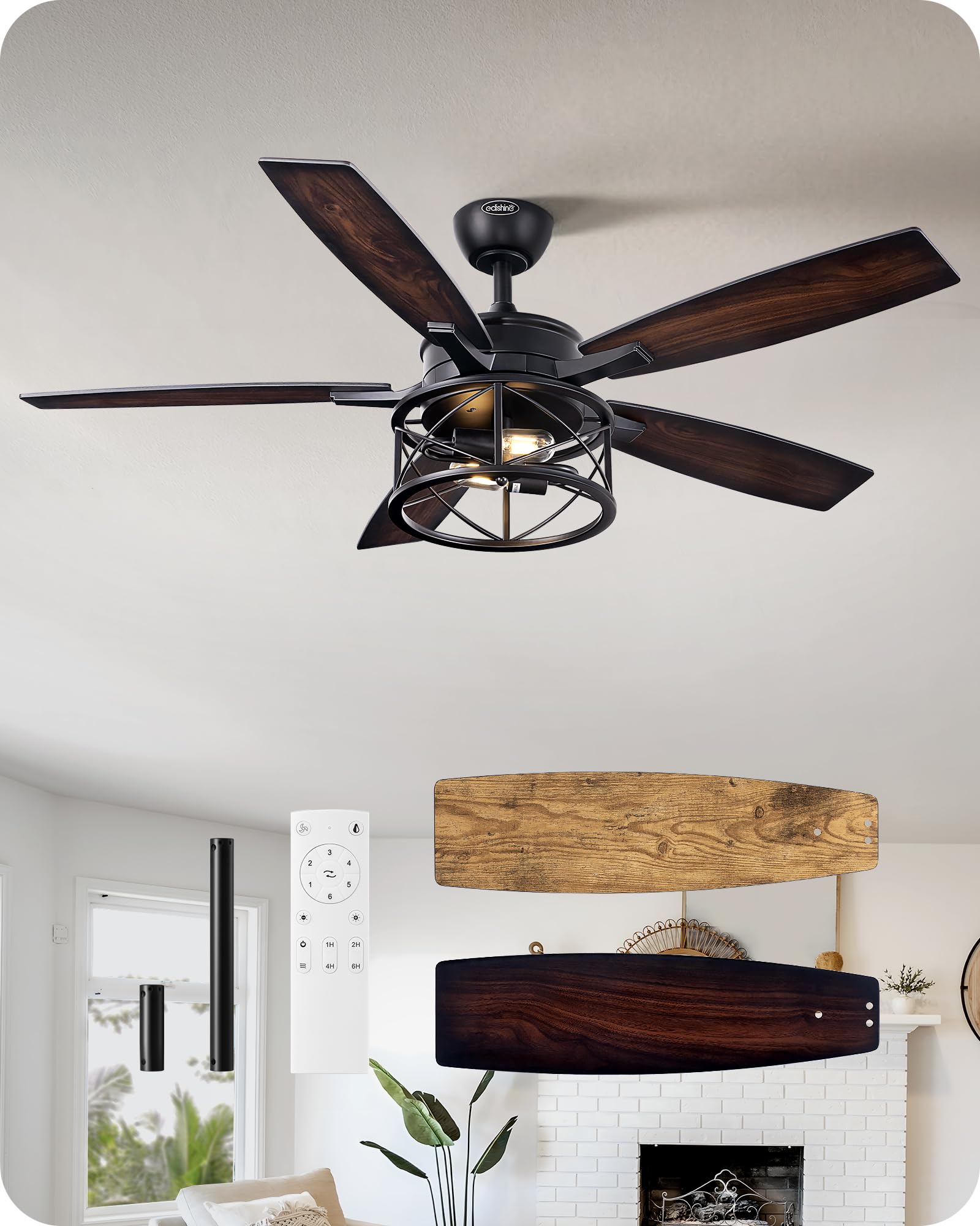 EDISHINE 52 Inch Farmhouse Ceiling Fans with Lights, Remote Control, 5 Wooden Blades, Dimmable, Timer, 6 Speeds Reversible DC Motor, Rustic Lighting & Ceiling Fan for Bedroom Living Room, UL Listed