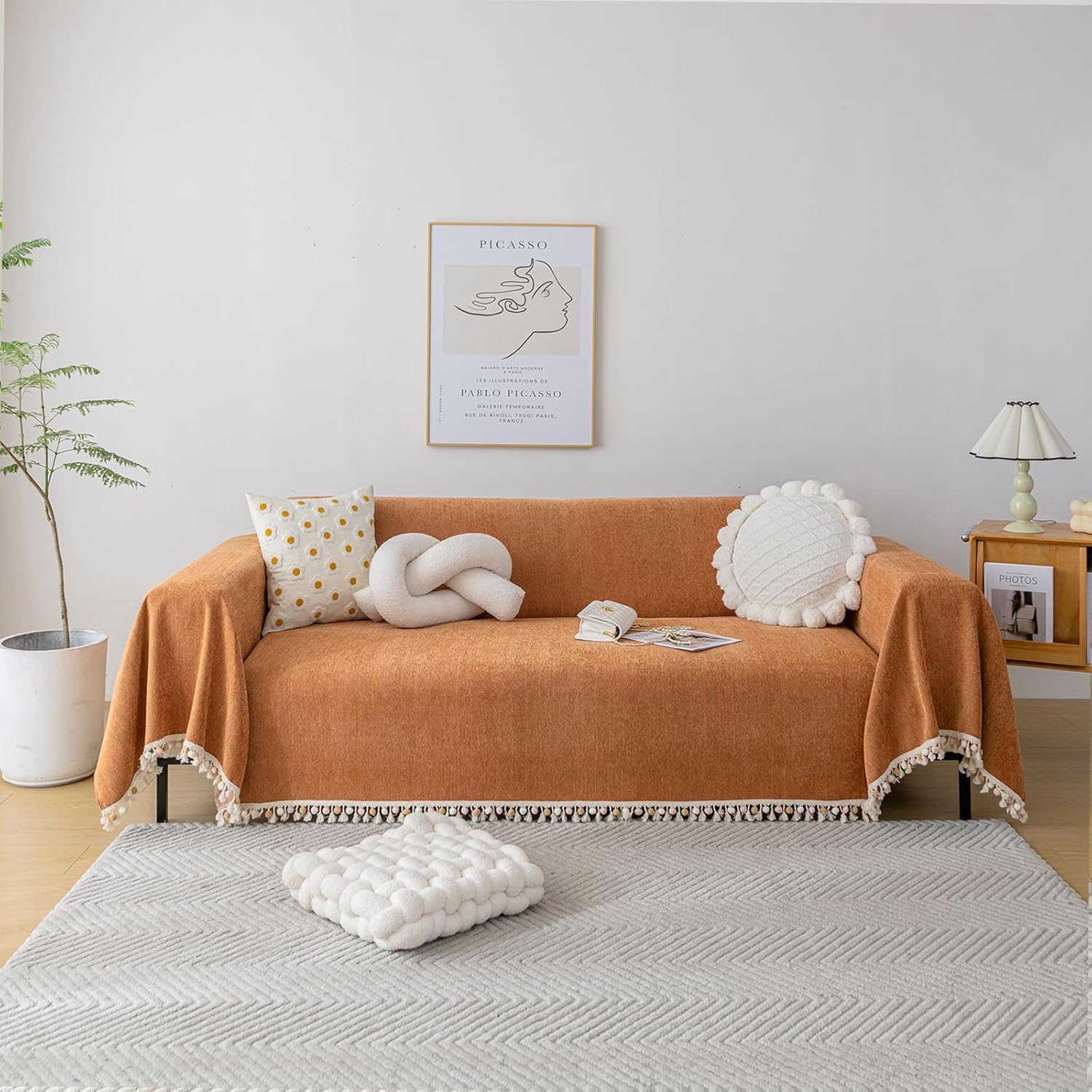 Slipcovers - HANDONTIME Dark Orange Sofa Covers Couch Cover for Dogs Colorful Tassel Sofa Seat Cover Lovetseat Cover Pet Couch Cover Bohemian Sofa Cover for Couch Vintage Boho Couch Covers Futon Cover, 71